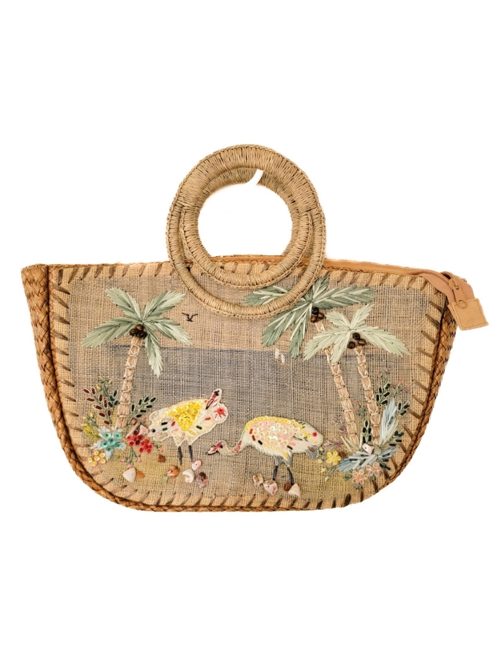 Boho Wicker Purse With Embroidered And Beaded Birds And Palm Trees